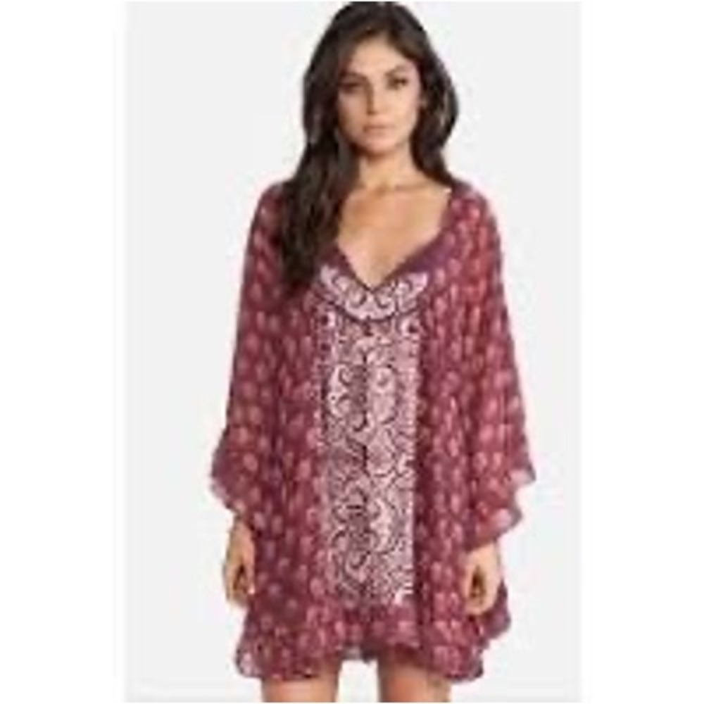 Free People Marla Dream Tunic Burgundy Paisley Ruffle Flutter Sleeve Boho Size S